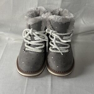 Cat And Jack Lace up/ side zip faux fur‎ lined boots toddler girl 8 Grey stars